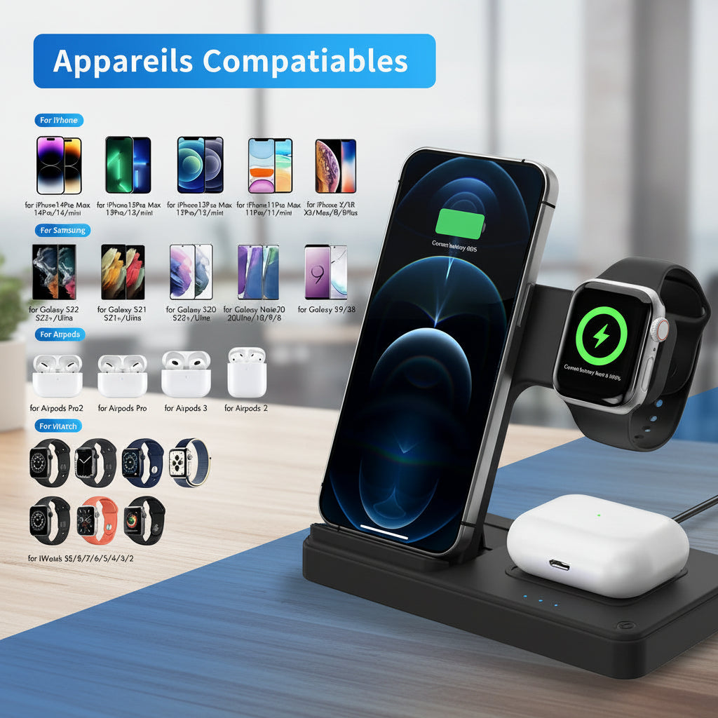 Station de charge 18 W sans fil 3-en-1